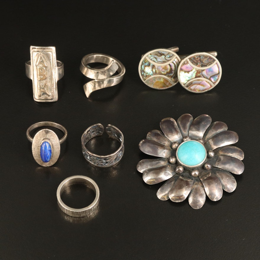 Sterling Grouping Including Mexican, Abalone and Lapis Lazuli