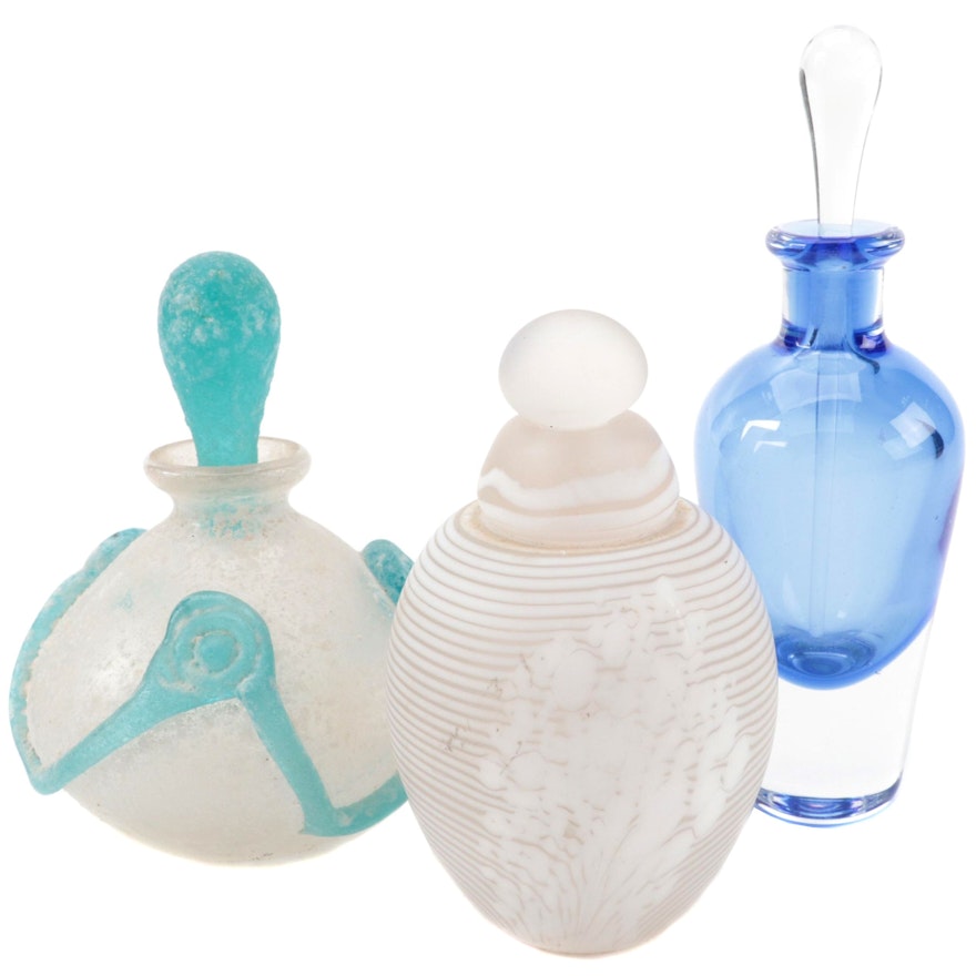 Blown Blue, Satin with White Threading and Scavo Art Glass Perfume Bottles