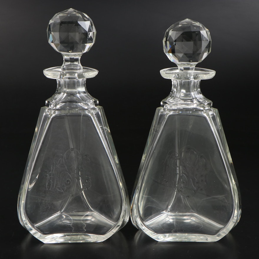 Pair of Monogrammed Glass Triangle Decanters with Faceted Stoppers