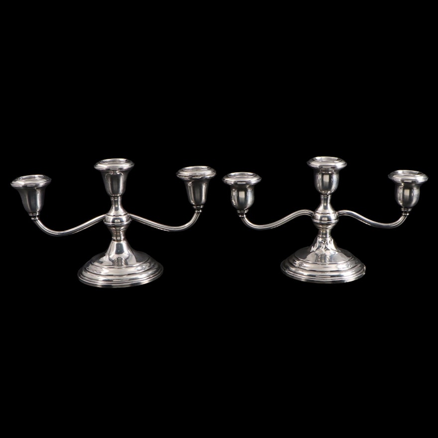 American Weighted Sterling Silver Three-Light Candelabras, Mid to Late 20th C.