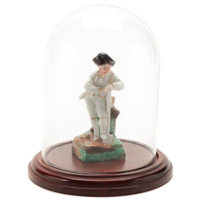 European Porcelain Figural Pen Holder in Glass Dome Display Case, 19th Century