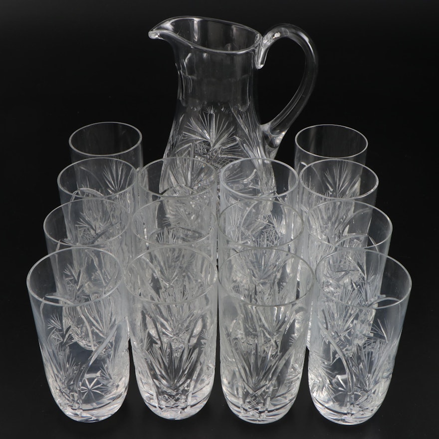 American Brilliant Style Pinwheel and Fan Cut Glass Tumblers and Pitcher