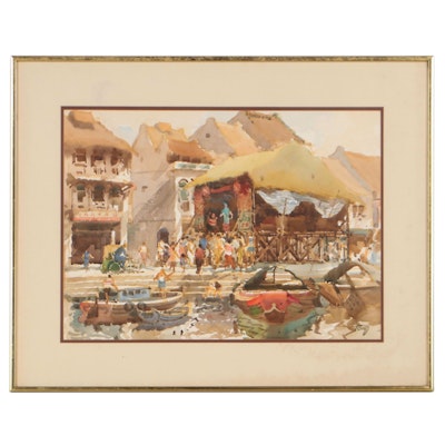Tong Chin Sye Watercolor Painting of Market Scene