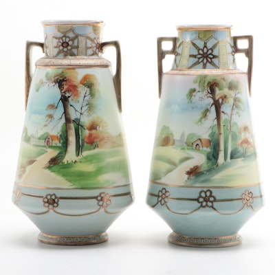 Nippon Hand-Painted Handled Porcelain Vases, Late 19th/ Early 20th Century