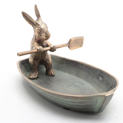 Patinated Cast Metal Rabbit in Rowboat Trinket Dish