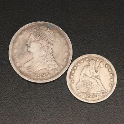1837 Capped Bust Silver Half Dollar and 1854 Seated Liberty Quarter