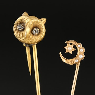 Antique Owl and Crescent Moon Stick Pins