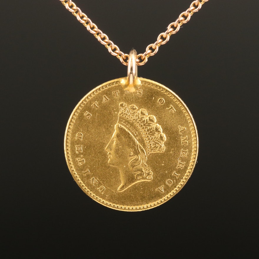 22K Pendant with 1854 $1 Type-2 Small Head Indian Princess Gold Coin