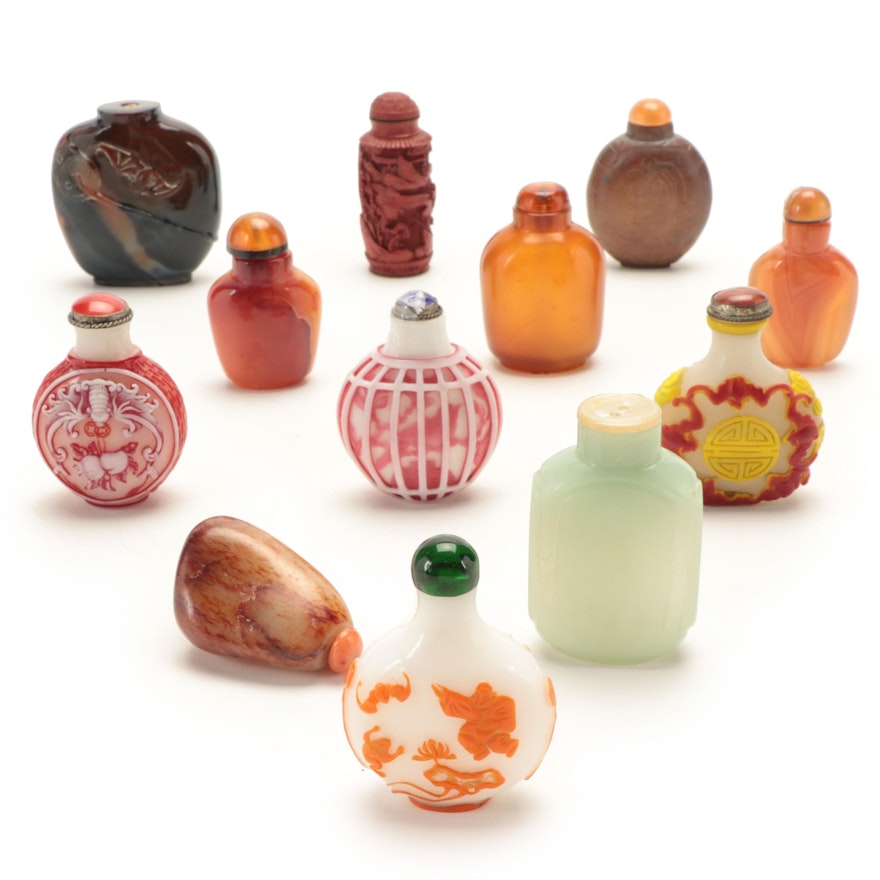 Chinese Carved Serpentine, Agate, Lacquer, Peking Glass and Other Snuff Bottles