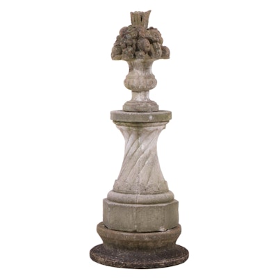 Drilled Cast Concrete Urn with Fruit on Pedestal and Ring Base