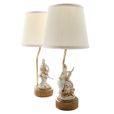 Pair of Boudoir Lamps with Porcelain Figurines, Mid-20th Century