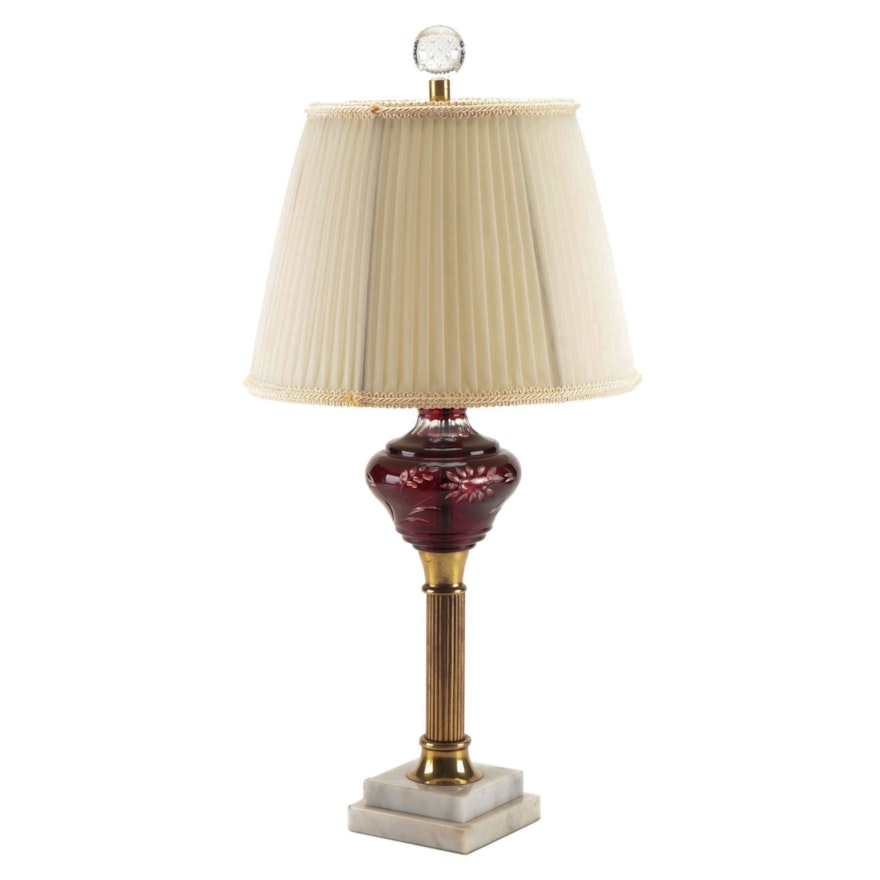 Etched Ruby Glass and Marble Table Lamp