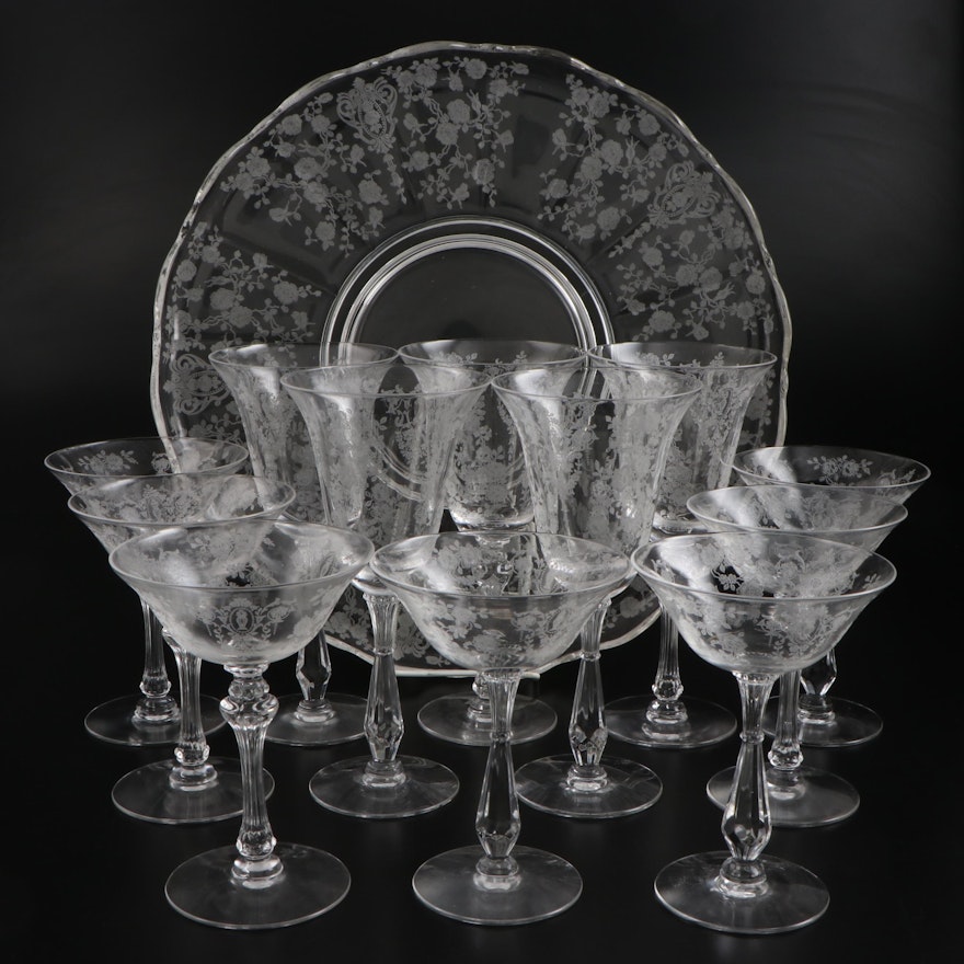 Tiffin-Franciscan "Cherokee Rose" Glass Stemware with Cambridge Serving Plate