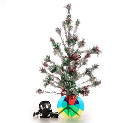 Mid Century Modern Tinsel Christmas Tree with Spotlight and Colored Lenses