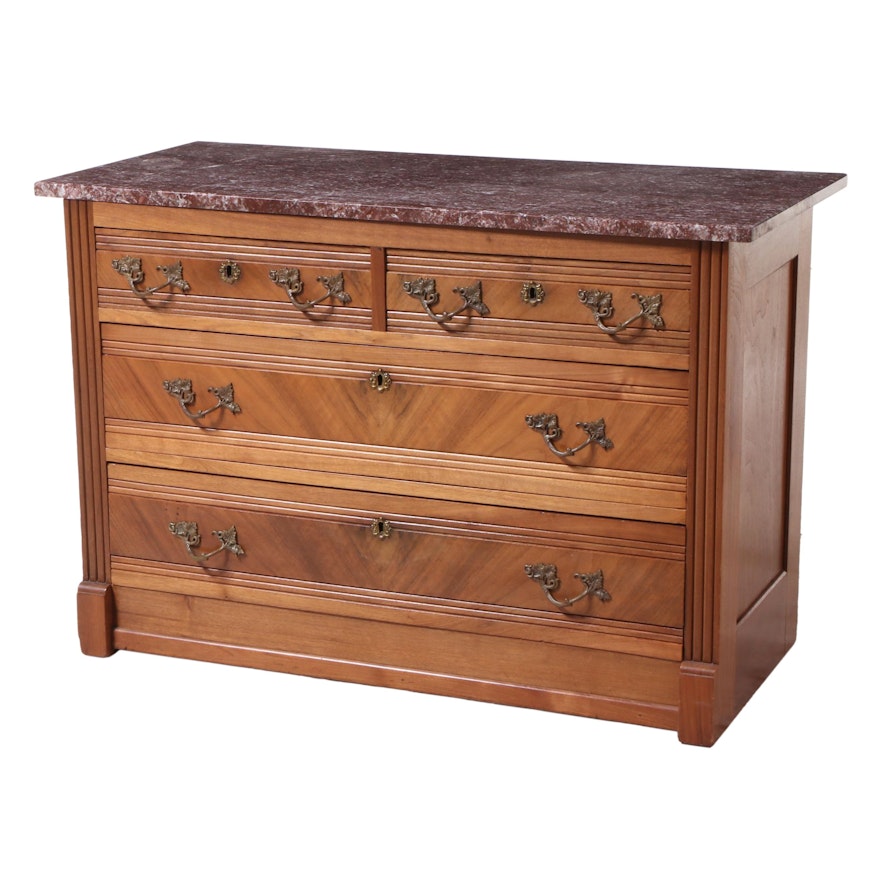 Victorian Walnut and Marble Top Chest of Drawers, Late 19th Century
