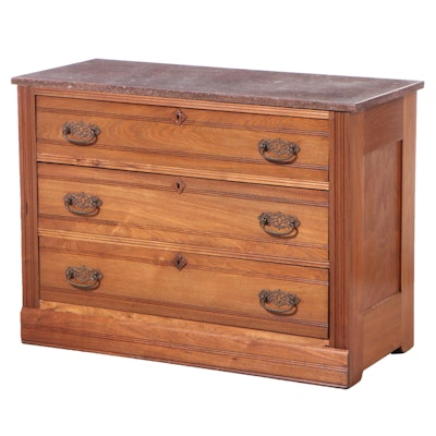 Victorian Eastlake Walnut Three-Drawer Chest with Marble Top
