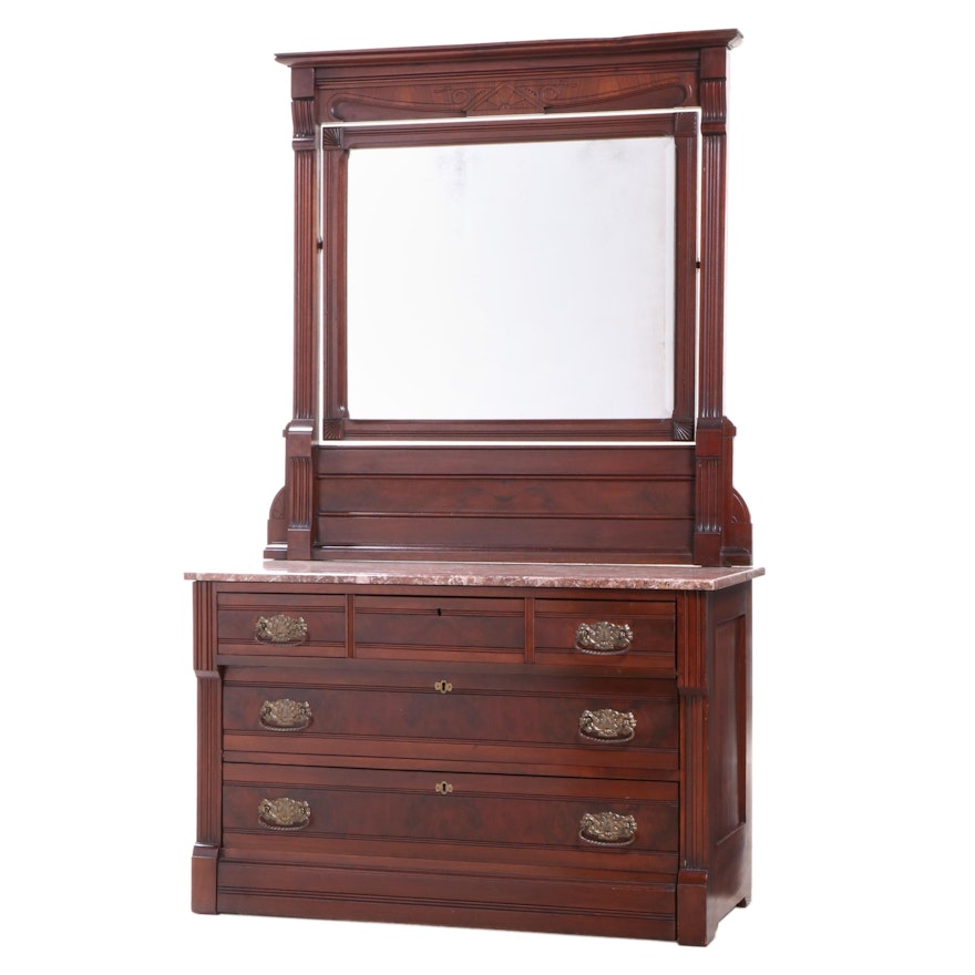 Victorian Eastlake Walnut and Marble Top Dresser with Mirror, Late 19th Century