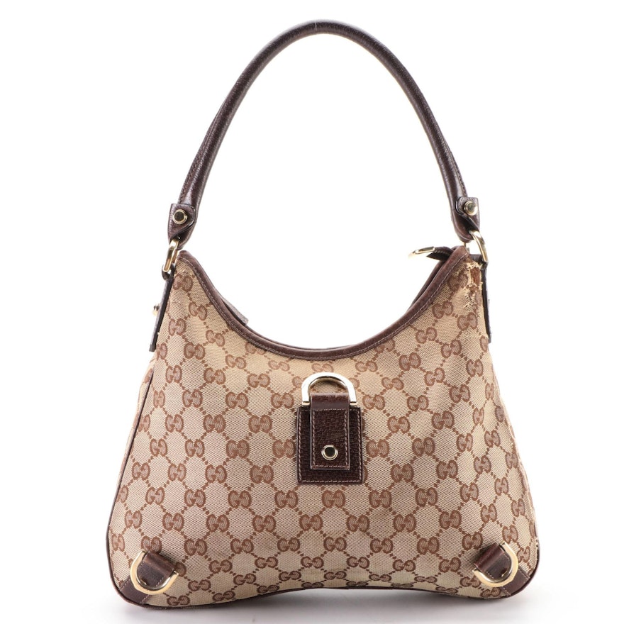 Gucci Abbey D-Ring Small Shoulder Bag in GG Canvas and Brown Leather