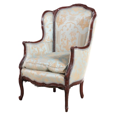 Louis XV Style Winged Bergere in Chinese Damask Brocade