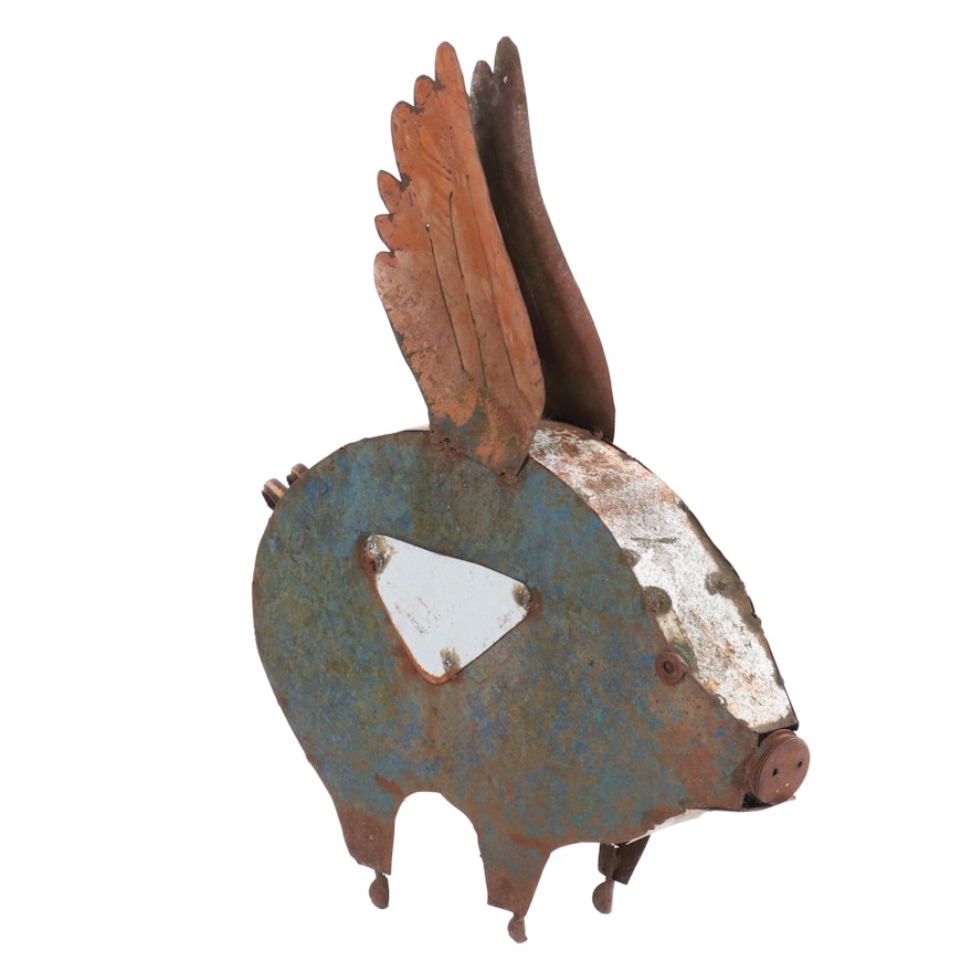 Folk Art Metal Sculpture of Winged Pig