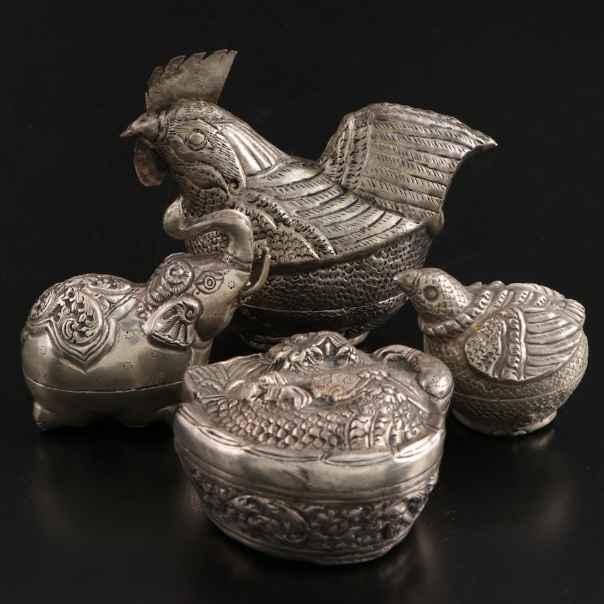 Cambodian Silver Metal Figural Betel Boxes, Late 19th to Early 20th Century