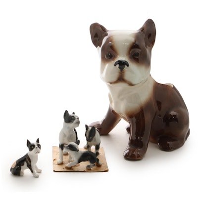 French Bulldog Ceramic Planter and Japanese Boston Terrier Figurines, Mid-20th C