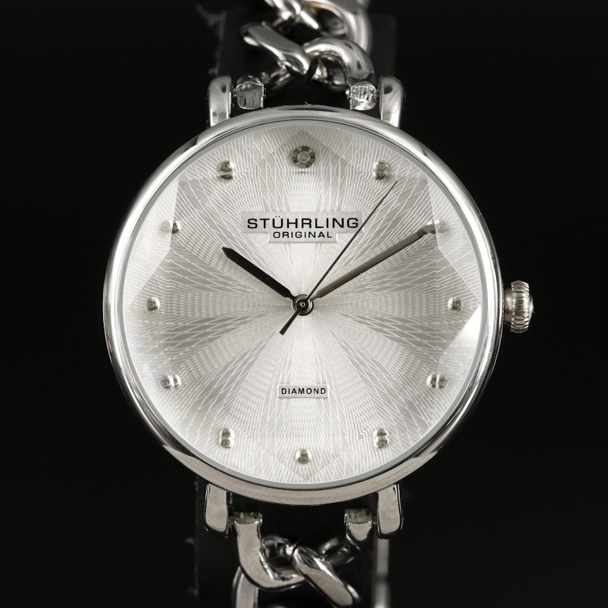 Stührling Stainless Steel Diamond Dial Wristwatch