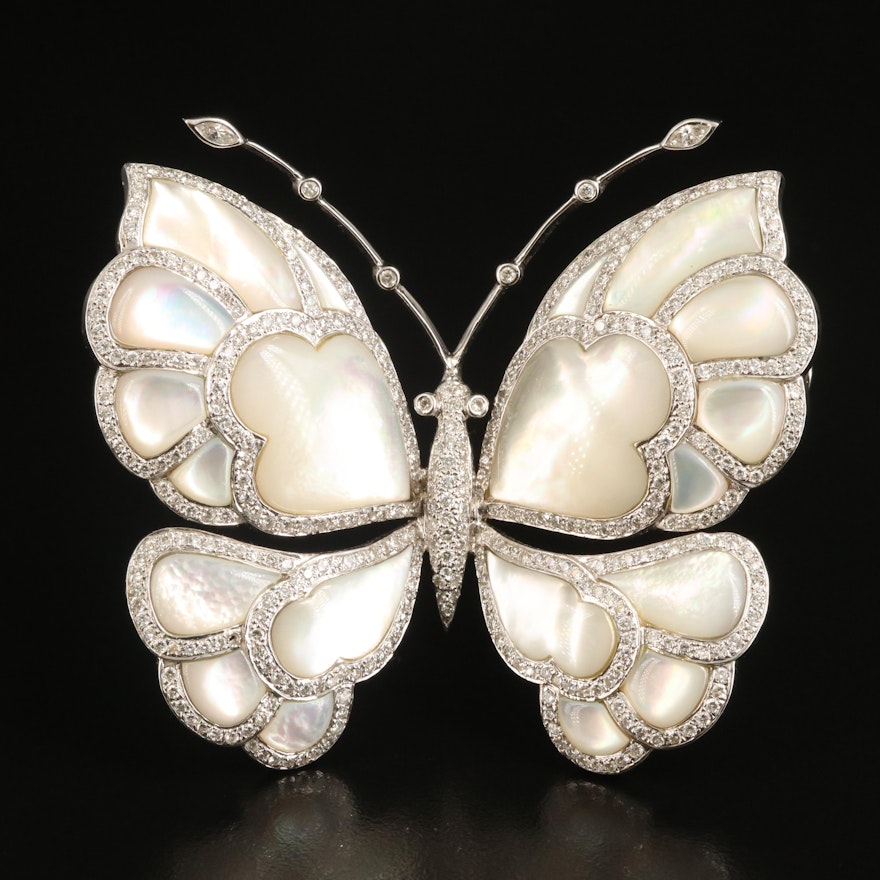 18K Mother-of-Pearl and 3.20 CTW Diamond Butterfly Double Clip Brooch