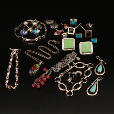 Italian and Mexican Sterling Barse, Coral, Turquoise and Onyx Jewelry