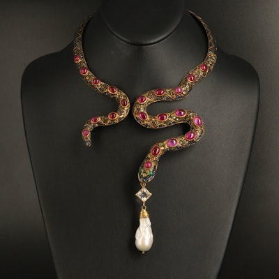 Sterling Pearl, Corundum, Sapphire and Emerald Serpent Necklace
