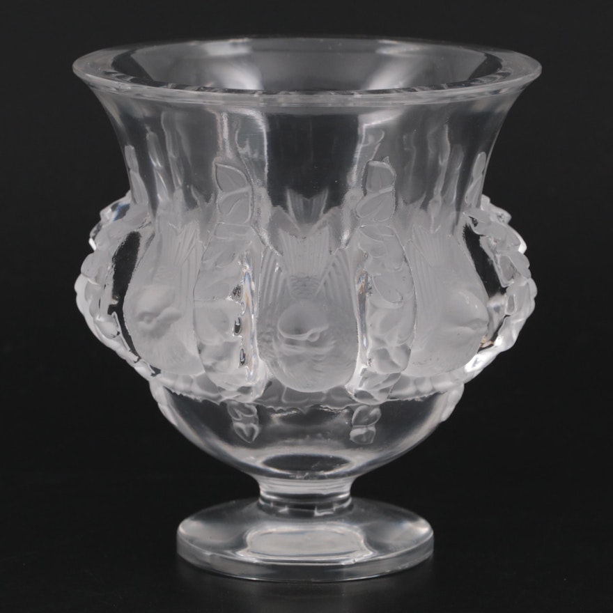 Lalique "Dampierre" Crystal Flower Vase with Frosted Sparrow Motif