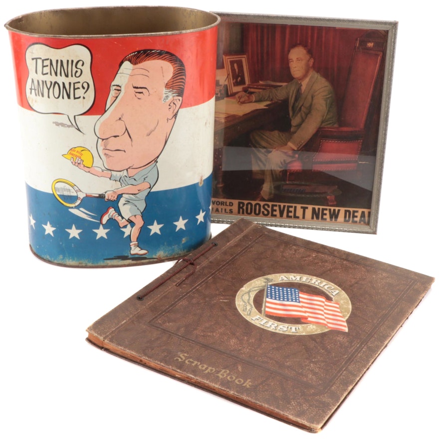 Spiro Agnew Trash Can with Scrapbook of WWII Headlines and Picture of FDR