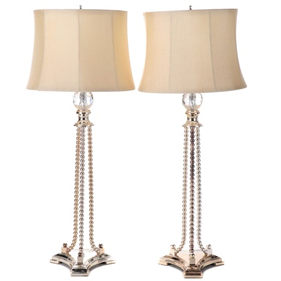 Pair of Hollywood Regency Style Metal Bead and Glass Orb Table Lamps