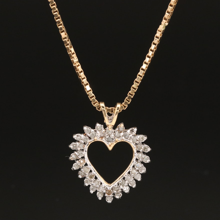 10K Diamond Heart Pendant on Italian 14K Box Chain Necklace