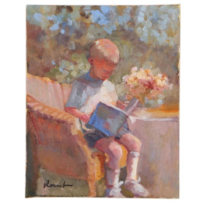 Sally Rosenbaum Oil Painting of Child Reading, 21st Century