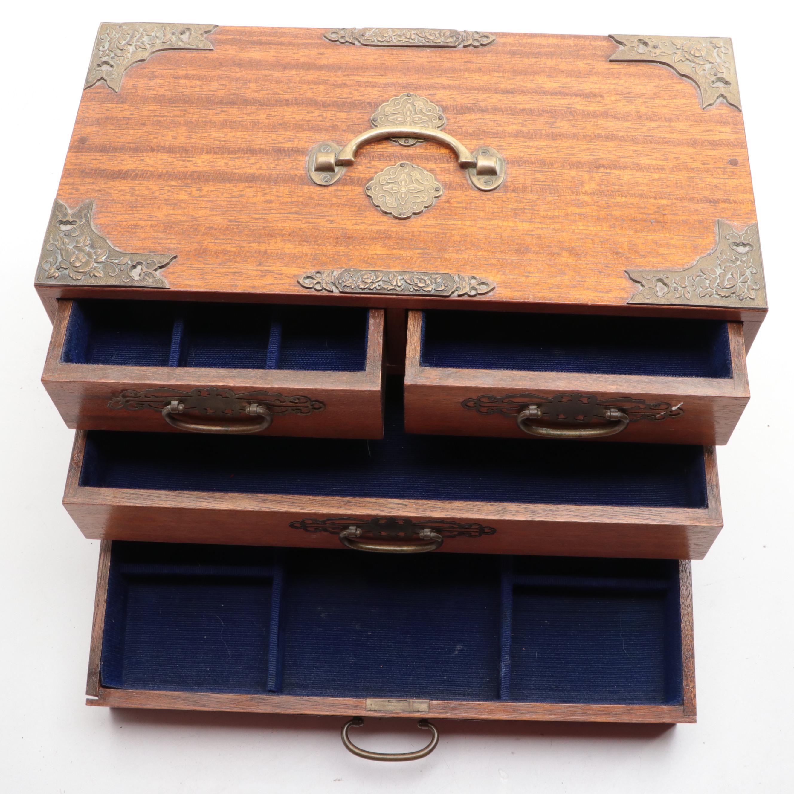 Japanese Tansu Style Brass Mounted Wood FourDrawer Jewelry Chest EBTH
