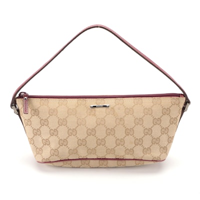 Gucci Boat Pochette Bag in GG Canvas and Burgundy Red Leather Trim