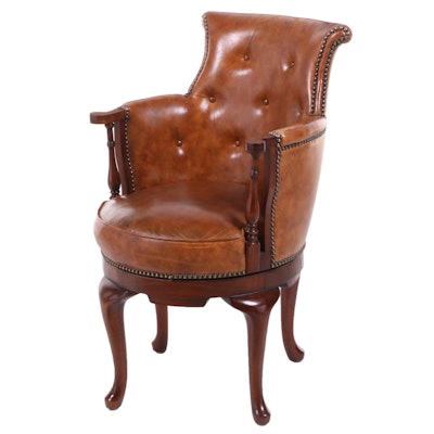 Queen Anne Style Mahogany-Finished, Upholstered and Brass-Tacked Tub Chair