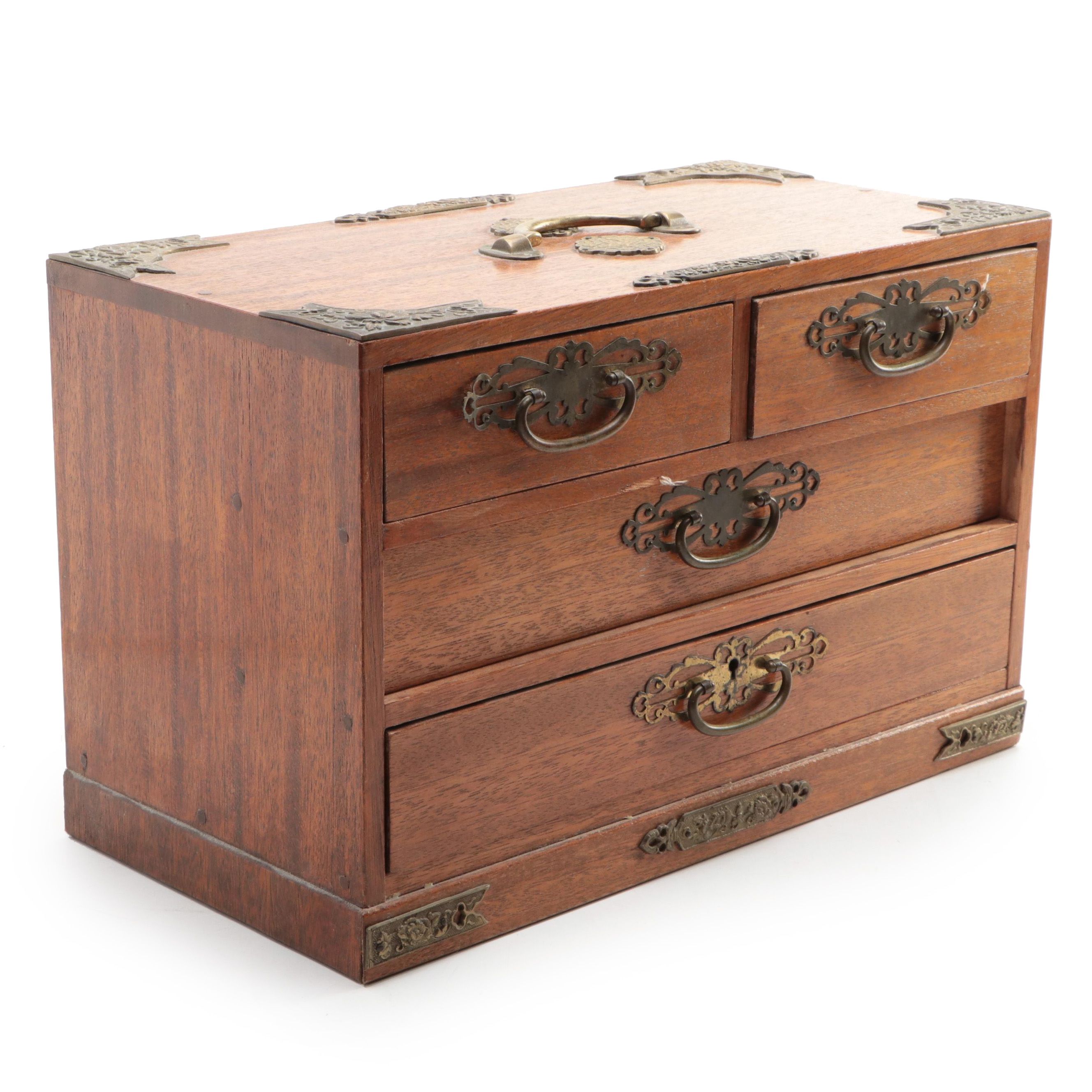 Japanese Tansu Style Brass Mounted Wood FourDrawer Jewelry Chest EBTH