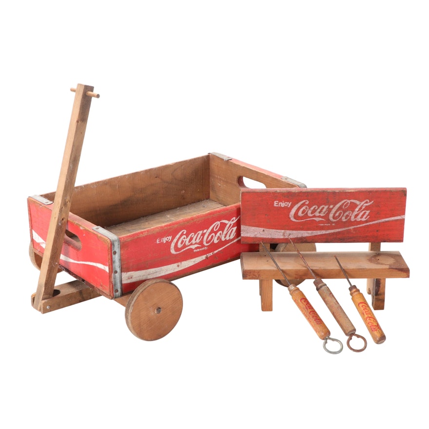 Coca-Cola Wooden Wagon with Miniature Bench and Ice Picks