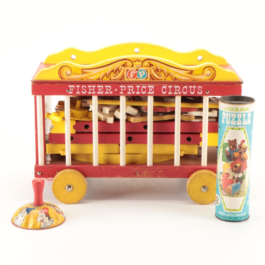 Fisher-Price Circus Playset with Puzzle and Kirchhof Tin Litho Noisemaker