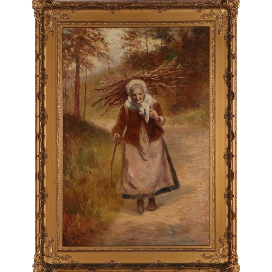 Leon Lippert Oil Painting of a Woman Carrying a Bundle of Sticks, 1910