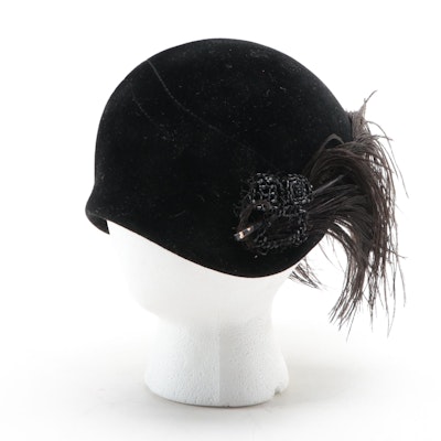 Wool Felt Casque Hat Embellished with Feathers and Beading