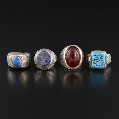 Vintage Engraved Ring Grouping Featuring Afghan Wax Seal Ring and Sterling