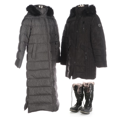 Lands' End Down Coat, Nautica Quilted Coat, and Aldo Winter Boots