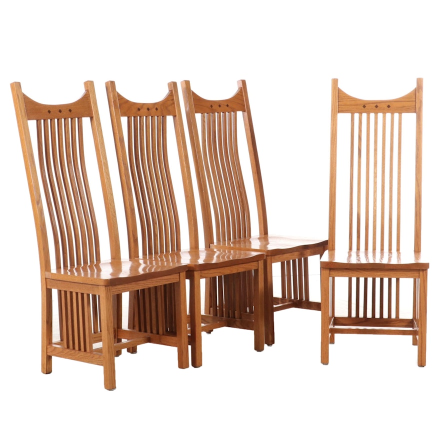 Four Prairie Style Oak and Inlaid Dining Chairs