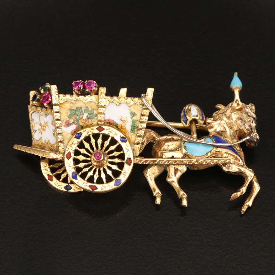 18K Ruby, Sapphire and Spinel Horse Drawn Carriage Brooch