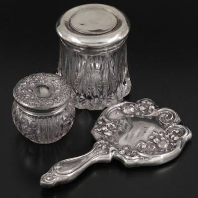 Edwardian Style Silver Plate Hand Mirror with Vanity Jars
