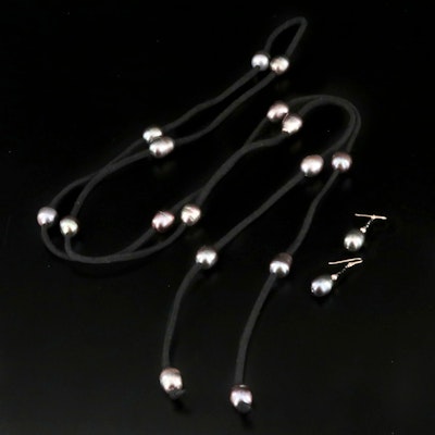14K Pearl and Spinel Drop Earrings with Pearl Station Lariat