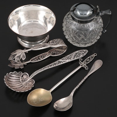 Continental Silver Filigree Bonbon Spoon and Tongs with Other Table Accessories